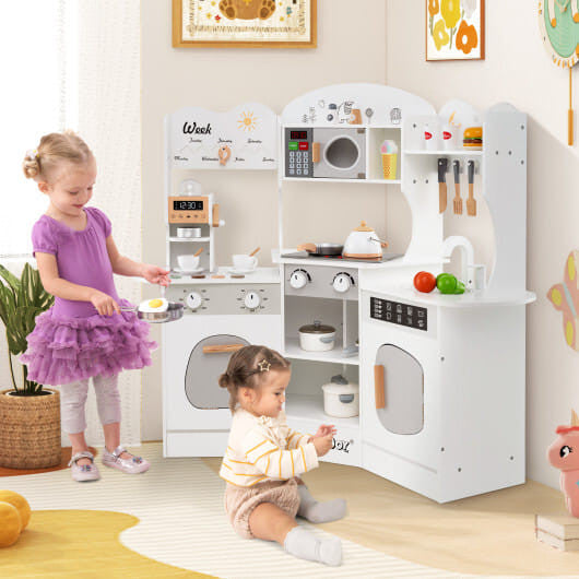 Corner wooden play kitchen set in brown with attached slide coffee machine and pretend play accessories — view 14