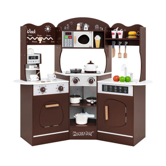 Corner wooden play kitchen set in brown with attached slide coffee machine and pretend play accessories — view 15