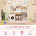 White wooden play kitchen set featuring pretend coffee maker, ice dispenser, and 27 accessories