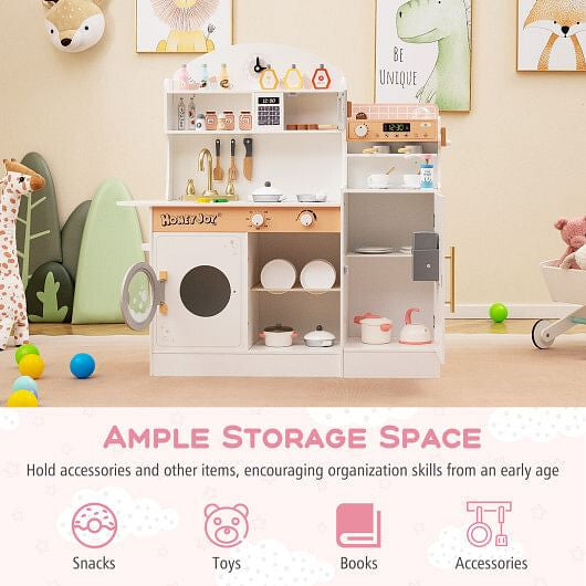 White wooden play kitchen set featuring pretend coffee maker, ice dispenser, and 27 accessories