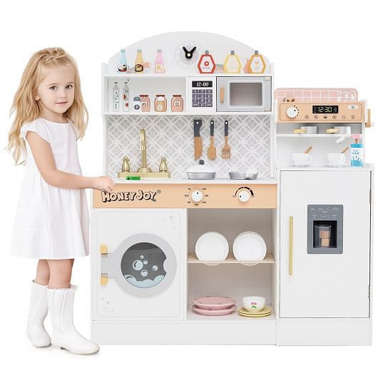 White wooden play kitchen set featuring pretend coffee maker, ice dispenser, and 27 accessories — view 2
