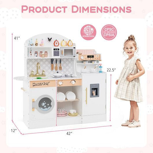 White wooden play kitchen set featuring pretend coffee maker, ice dispenser, and 27 accessories — view 3
