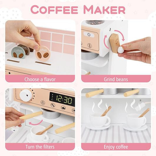 White wooden play kitchen set featuring pretend coffee maker, ice dispenser, and 27 accessories — view 4