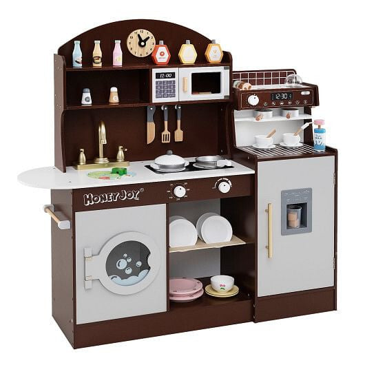 White wooden play kitchen set featuring pretend coffee maker, ice dispenser, and 27 accessories — view 5