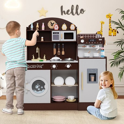 White wooden play kitchen set featuring pretend coffee maker, ice dispenser, and 27 accessories — view 6