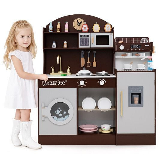 White wooden play kitchen set featuring pretend coffee maker, ice dispenser, and 27 accessories — view 7