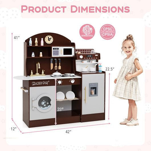 White wooden play kitchen set featuring pretend coffee maker, ice dispenser, and 27 accessories — view 8