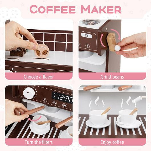 White wooden play kitchen set featuring pretend coffee maker, ice dispenser, and 27 accessories — view 9