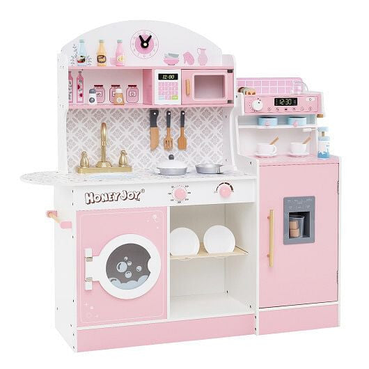 White wooden play kitchen set featuring pretend coffee maker, ice dispenser, and 27 accessories — view 10
