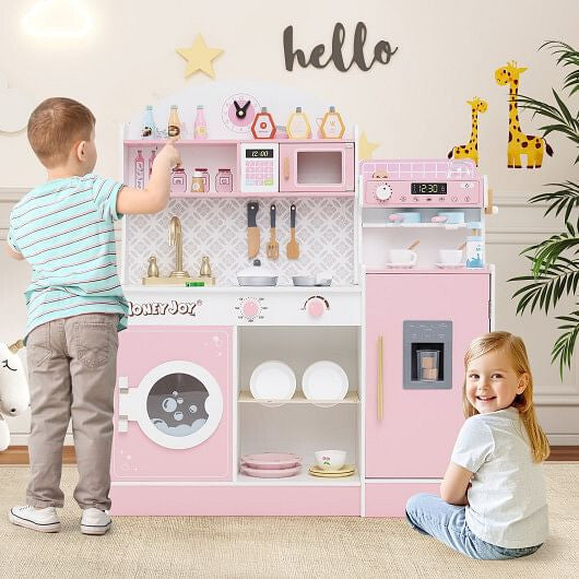 White wooden play kitchen set featuring pretend coffee maker, ice dispenser, and 27 accessories — view 11