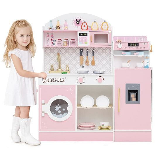 White wooden play kitchen set featuring pretend coffee maker, ice dispenser, and 27 accessories — view 12
