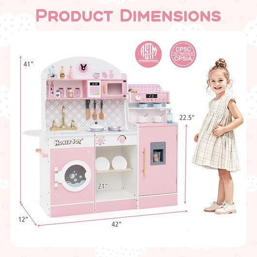 White wooden play kitchen set featuring pretend coffee maker, ice dispenser, and 27 accessories — view 13
