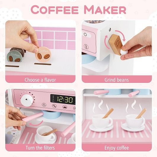 White wooden play kitchen set featuring pretend coffee maker, ice dispenser, and 27 accessories — view 14