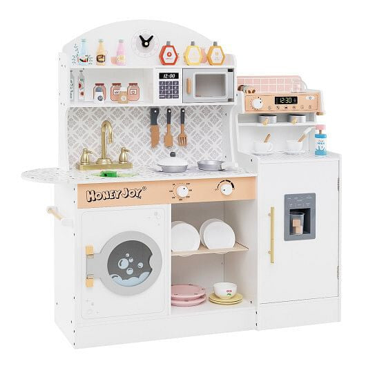 White wooden play kitchen set featuring pretend coffee maker, ice dispenser, and 27 accessories — view 15