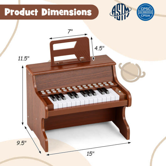 25 Keys Kids Piano Keyboard with Adjustable Speed and Teaching Mode-Brown