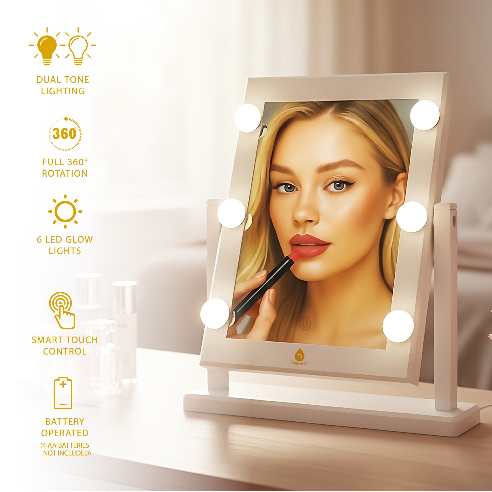 Pursonic dual LED vanity mirrors with illuminated borders adjustable stands and 5X magnification attachment — view 5