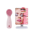 LED vanity mirror and sonic facial cleansing device set with dimmable lights and magnifying mirror