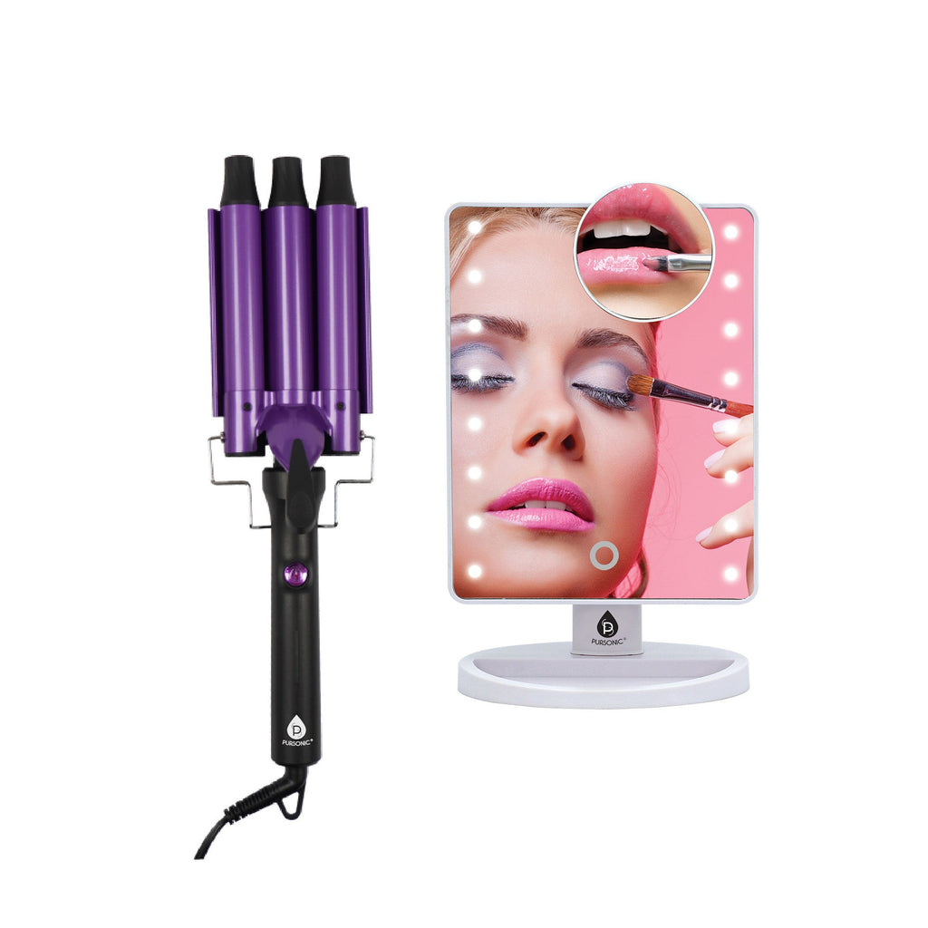 Pursonic dimmable LED vanity mirror and triple barrel ceramic hair curler styling set.