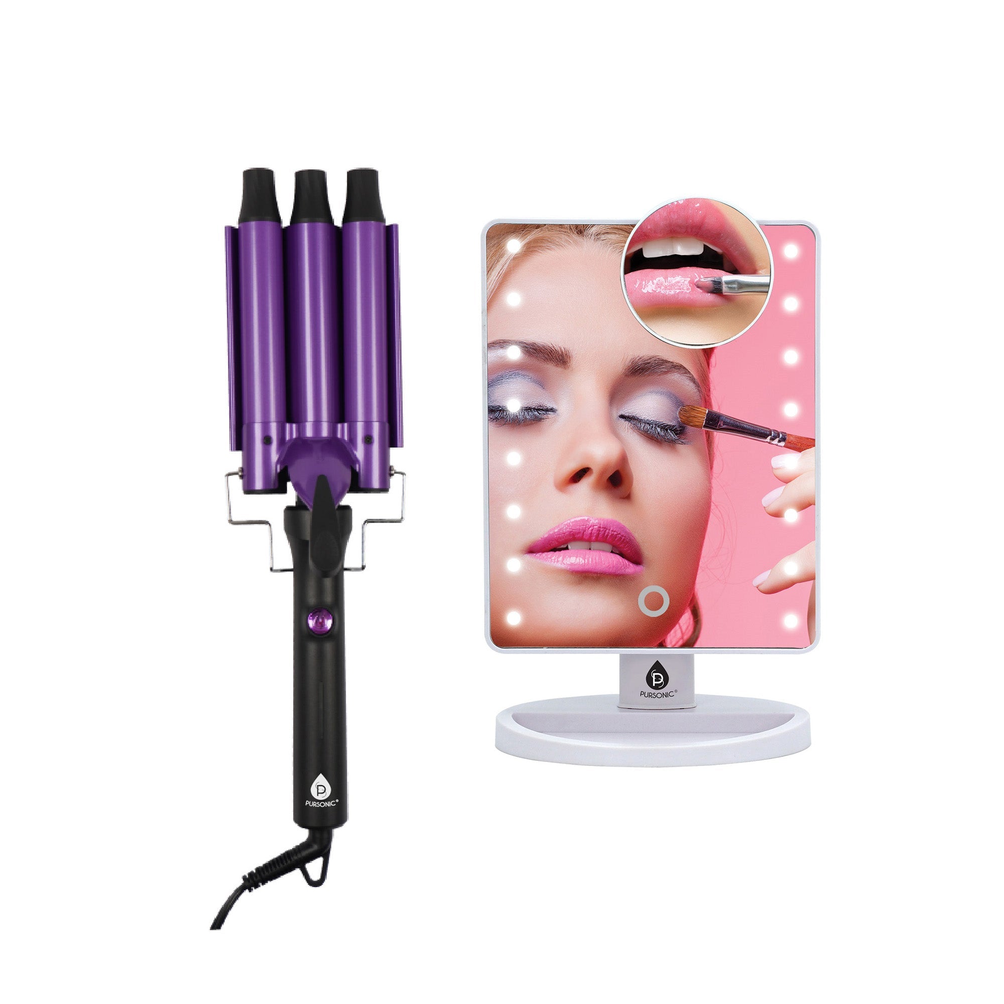 Pursonic dimmable LED vanity mirror and triple barrel ceramic hair curler styling set.