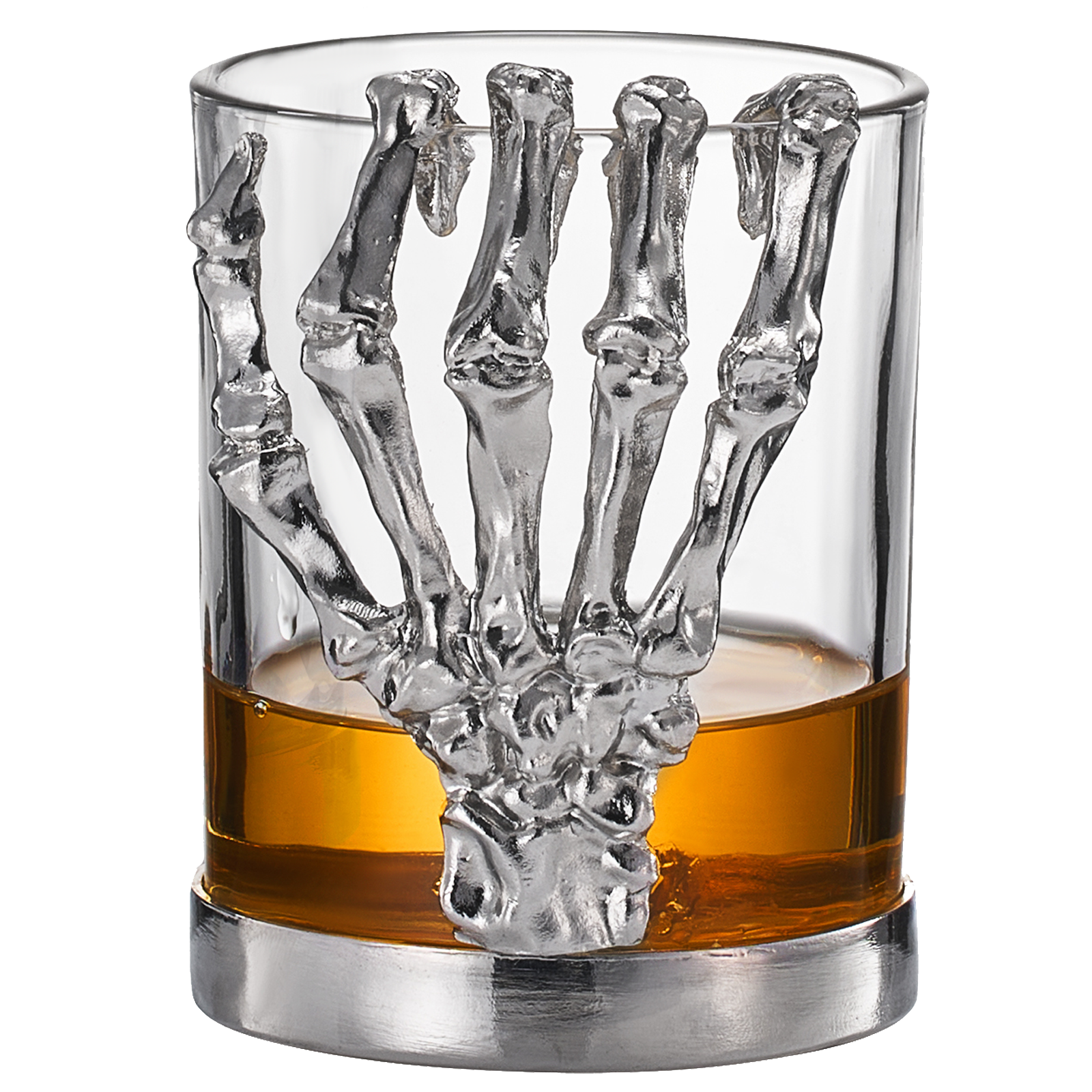 Skeleton whiskey glass tumbler with detailed bone hand stem, clear glass cup holding amber liquor