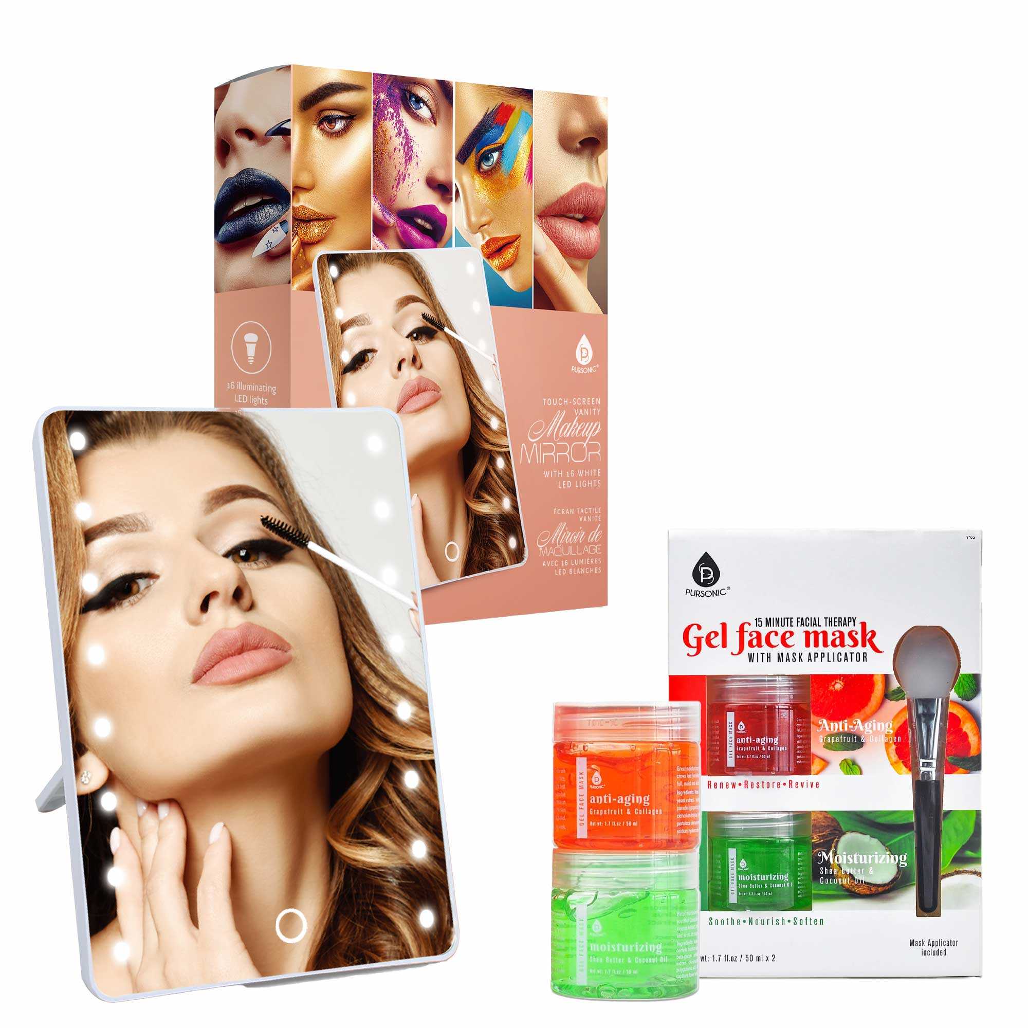 Pursonic touchscreen LED vanity mirror and dual gel and mud face mask set with applicator tool — view 2