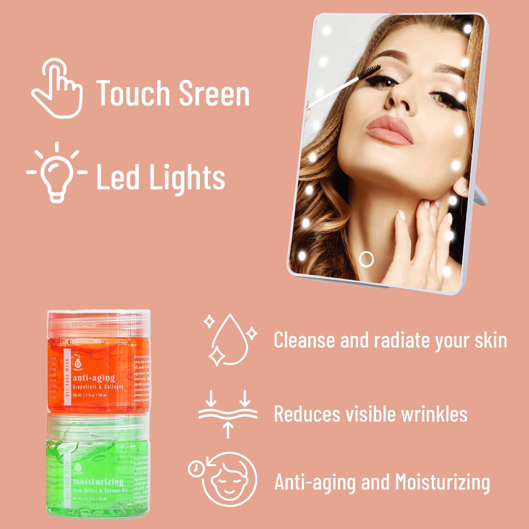 Pursonic touchscreen LED vanity mirror and dual gel and mud face mask set with applicator tool — view 5