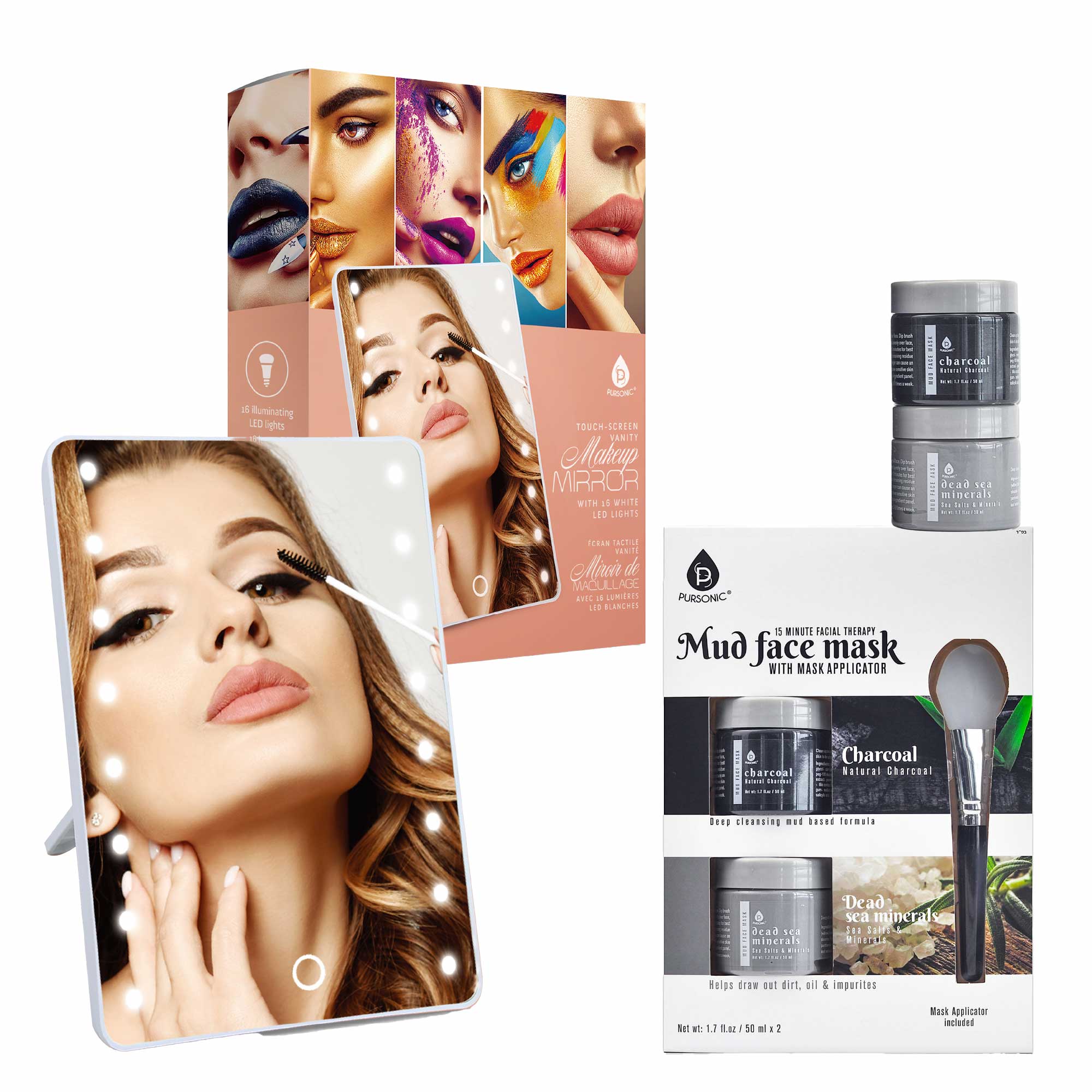 Pursonic touchscreen LED vanity mirror and dual gel and mud face mask set with applicator tool