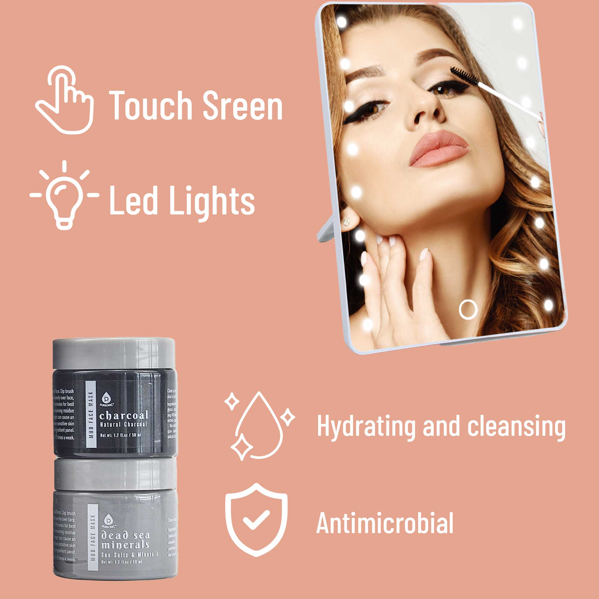 Pursonic touchscreen LED vanity mirror and dual gel and mud face mask set with applicator tool — view 3