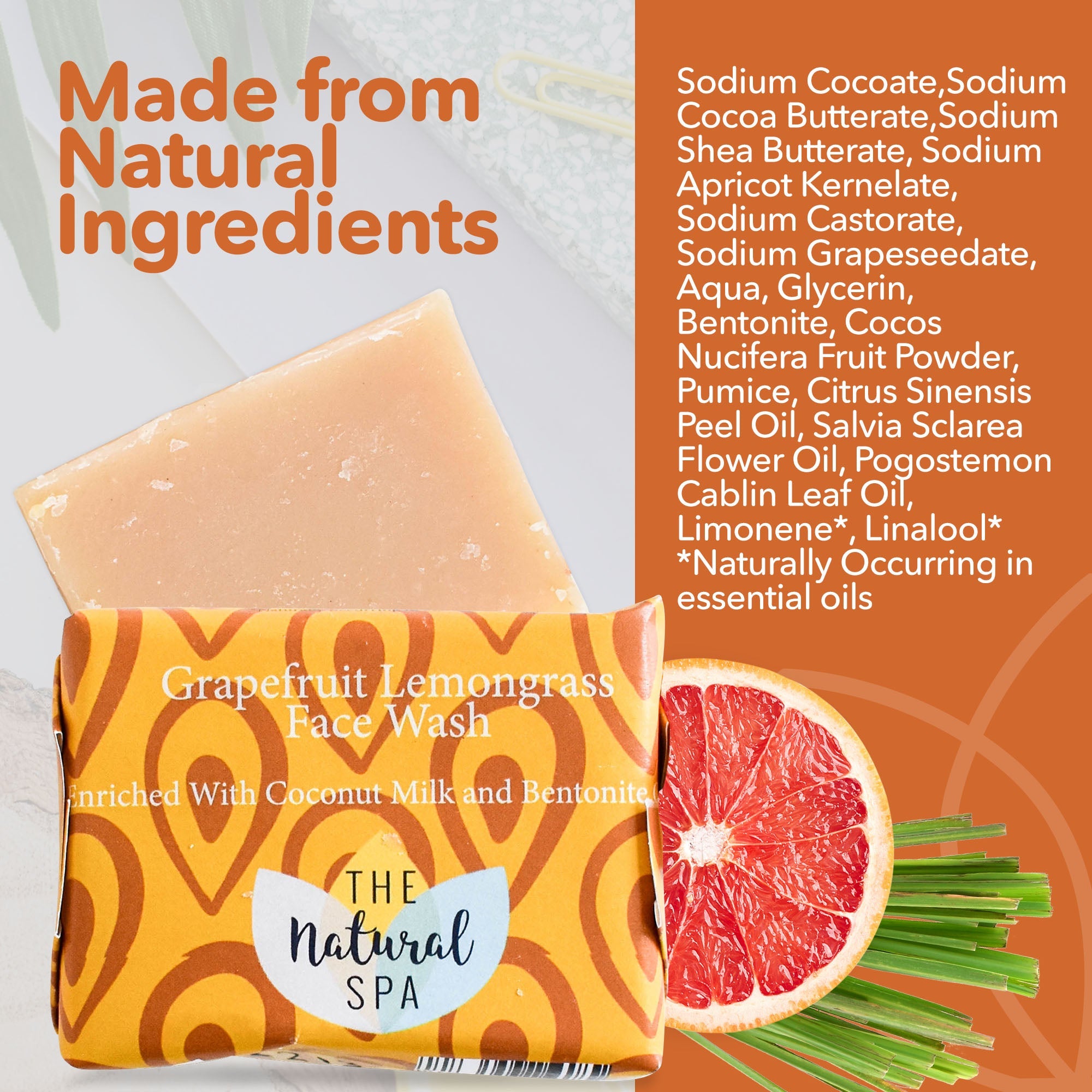 Grapefruit lemongrass face wash bar, round natural solid facial cleanser for gentle daily exfoliation — view 3