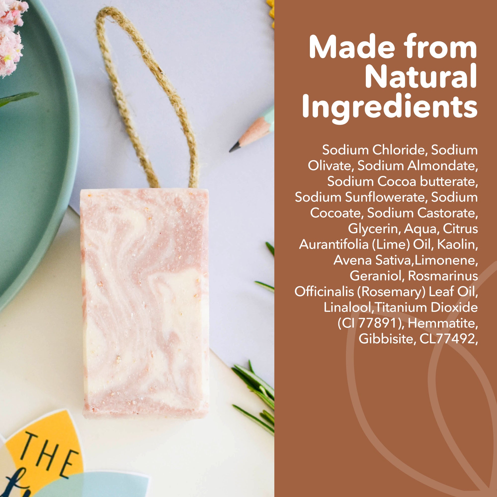 Pink Himalayan salt natural soap bar and soap on a rope with rustic cord detail — view 4