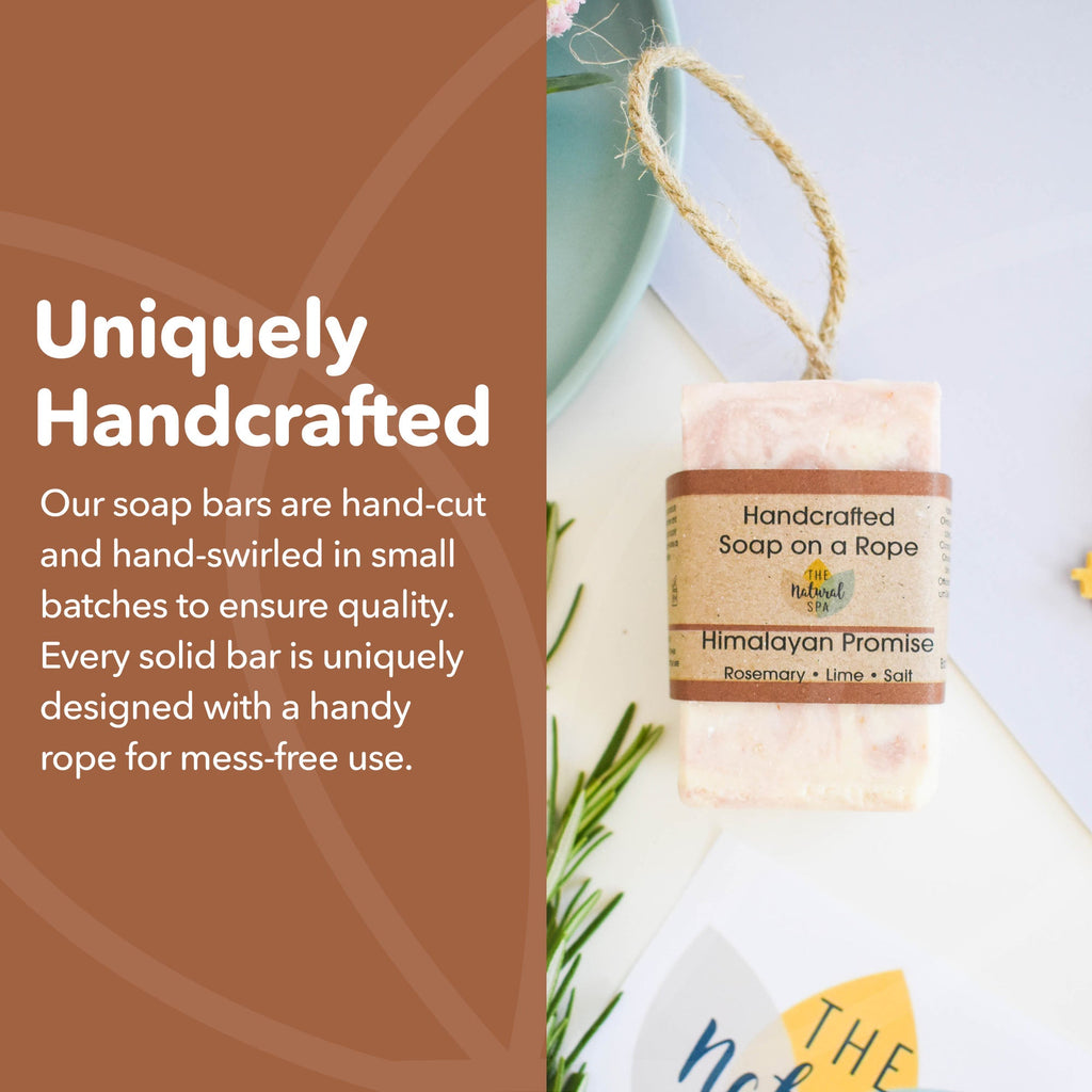 Pink Himalayan salt natural soap bar and soap on a rope with rustic cord detail — view 5