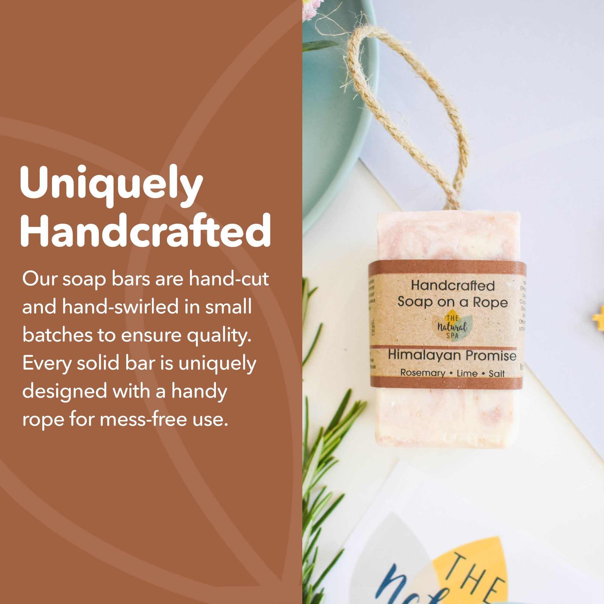 Pink Himalayan salt natural soap bar and soap on a rope with rustic cord detail — view 5