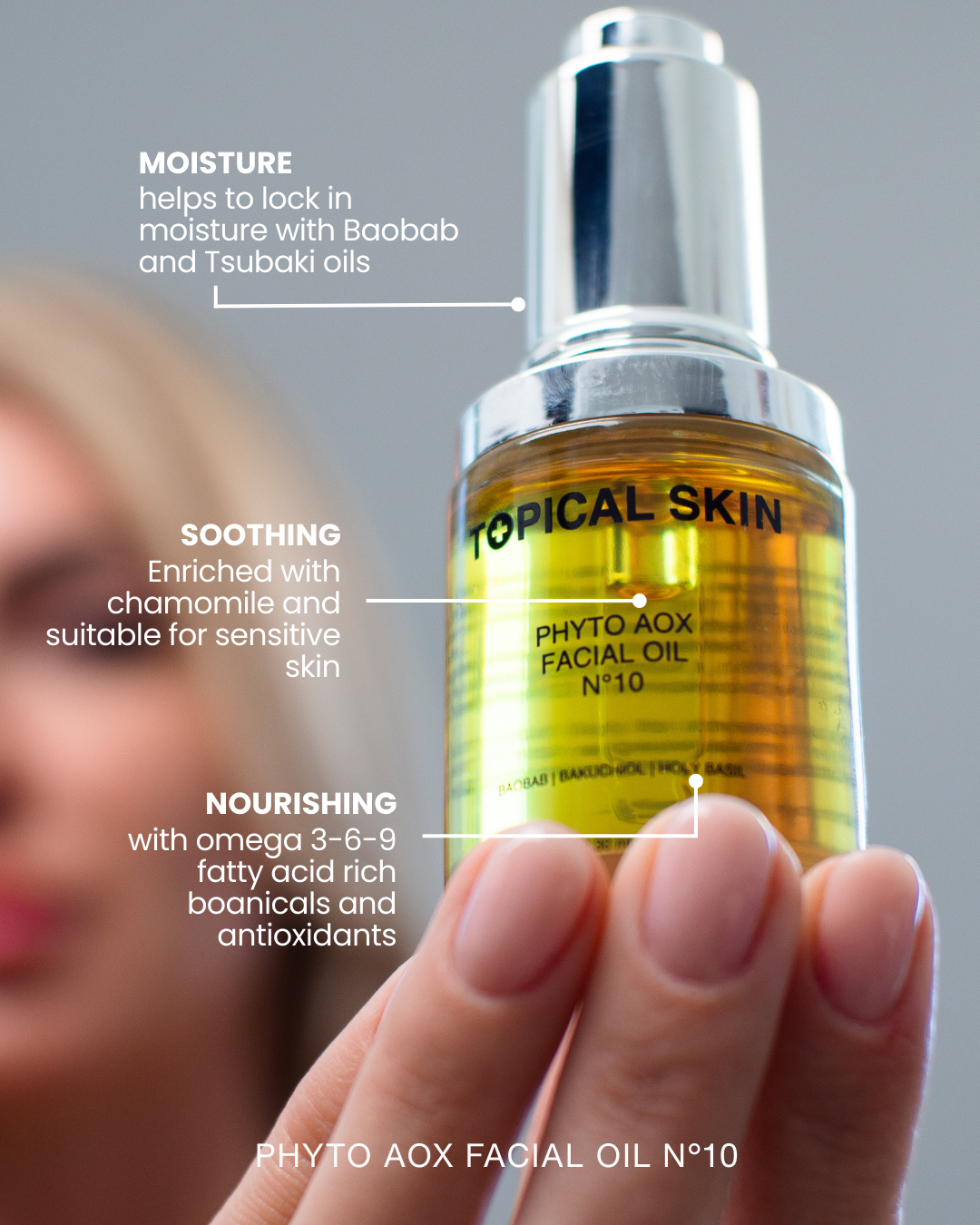 Phyto AOX Facial Oil N°10 in a glass dropper bottle, nourishing clean skincare face serum. — view 3