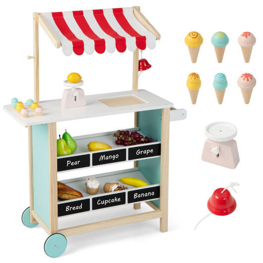 Red wooden kids ice cream cart toy with handle, wheels, chalkboard, and display shelves. — view 3