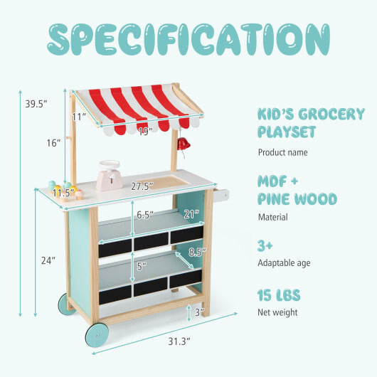 Red wooden kids ice cream cart toy with handle, wheels, chalkboard, and display shelves. — view 4