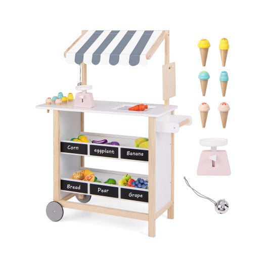 Red wooden kids ice cream cart toy with handle, wheels, chalkboard, and display shelves. — view 5