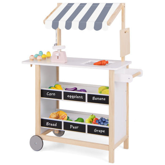 Red wooden kids ice cream cart toy with handle, wheels, chalkboard, and display shelves. — view 8