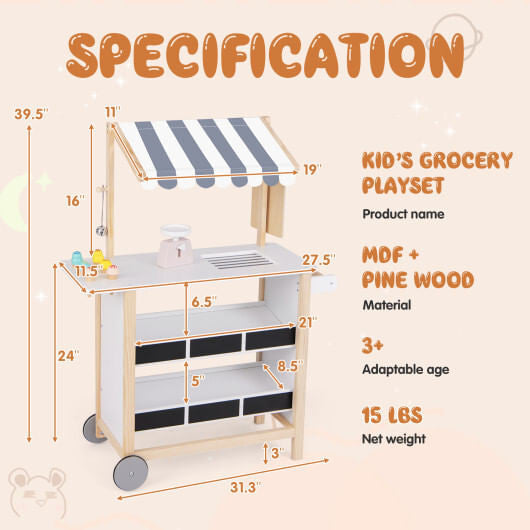 Red wooden kids ice cream cart toy with handle, wheels, chalkboard, and display shelves. — view 9
