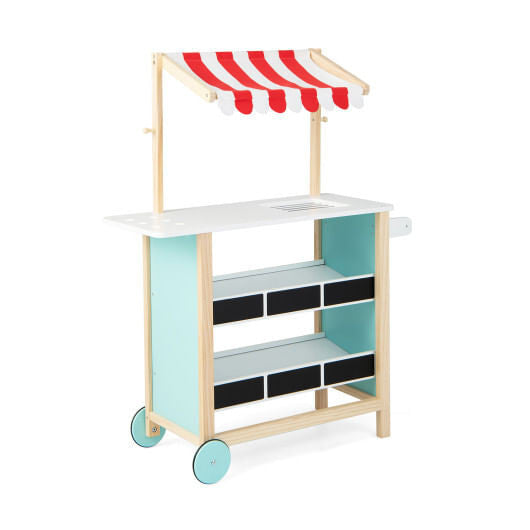 Red wooden kids ice cream cart toy with handle, wheels, chalkboard, and display shelves. — view 10
