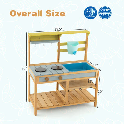 Outdoor kids mud kitchen in natural fir wood with working water faucet, sink, and storage shelves — view 3