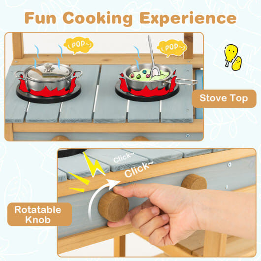 Outdoor kids mud kitchen in natural fir wood with working water faucet, sink, and storage shelves — view 4