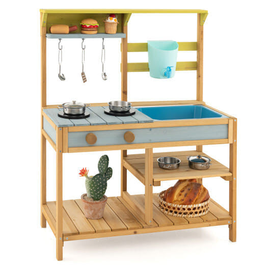 Outdoor kids mud kitchen in natural fir wood with working water faucet, sink, and storage shelves — view 5