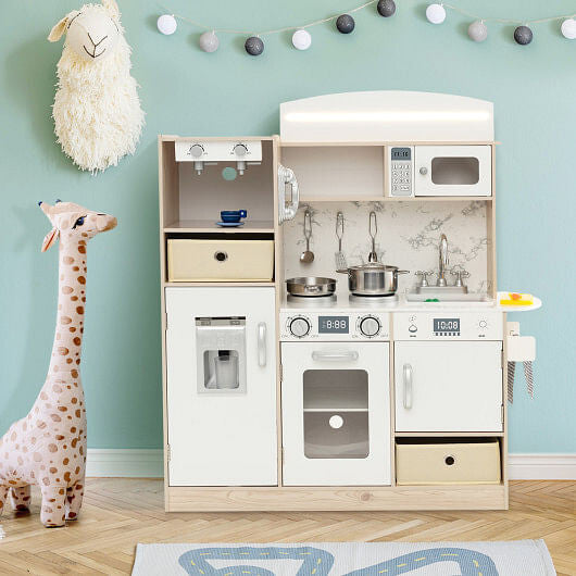 White kids kitchen playset with LED lights storage bins play sink and simulated appliances — view 2
