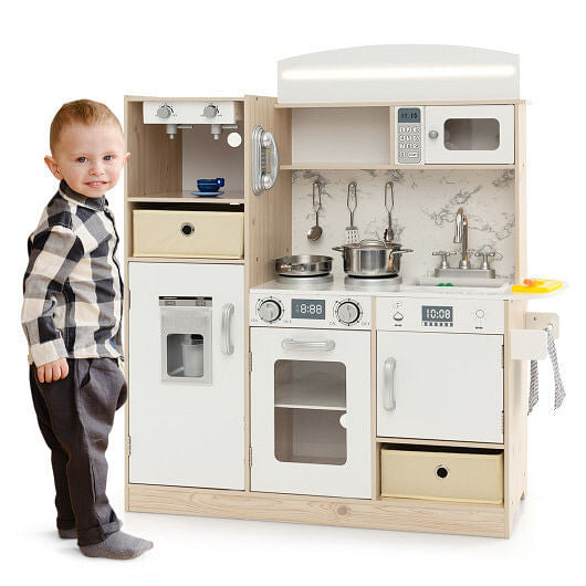 White kids kitchen playset with LED lights storage bins play sink and simulated appliances — view 4