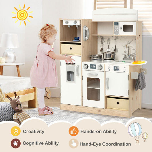 White kids kitchen playset with LED lights storage bins play sink and simulated appliances — view 3