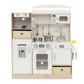 White kids kitchen playset with LED lights storage bins play sink and simulated appliances