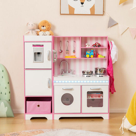 Pink wooden kids play kitchen set with LED lights, washing machine, and realistic marble countertops — view 2