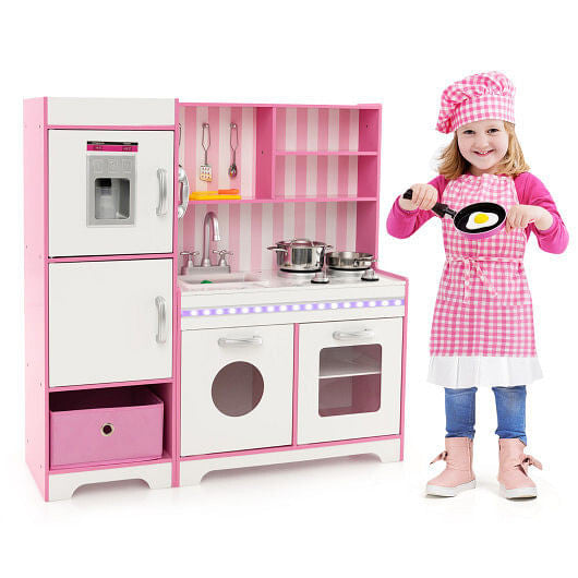 Pink wooden kids play kitchen set with LED lights, washing machine, and realistic marble countertops — view 4