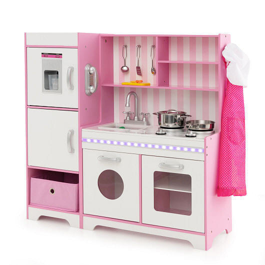 Pink wooden kids play kitchen set with LED lights, washing machine, and realistic marble countertops — view 5