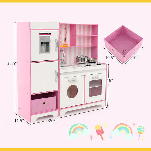 Pink wooden kids play kitchen set with LED lights, washing machine, and realistic marble countertops — view 3